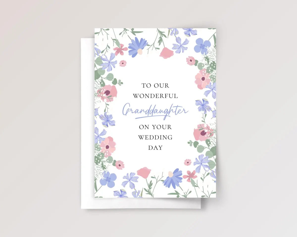 Floral Wedding Card for Granddaughter with Blue and Pink Flowers