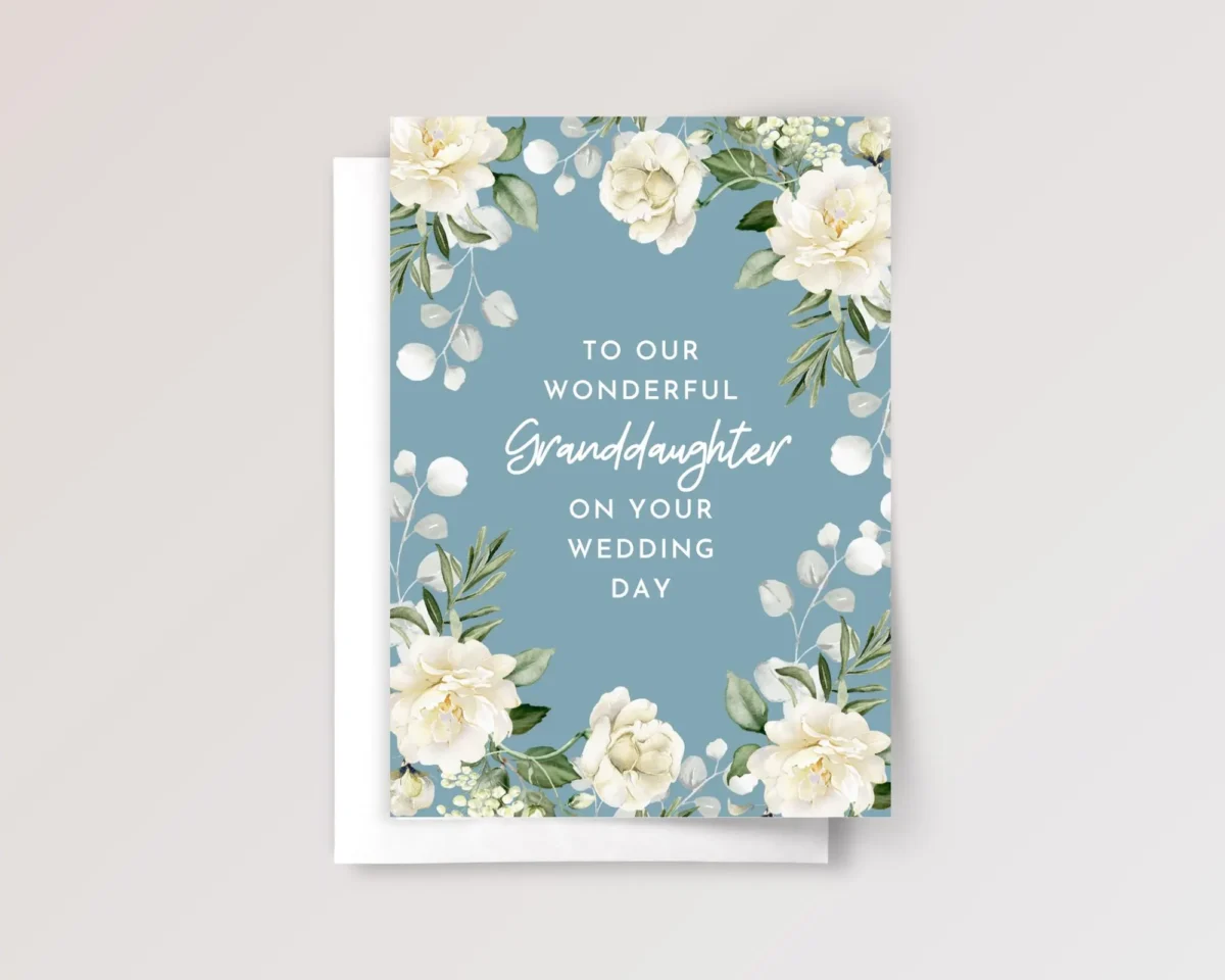 Teal Wedding Card for Granddaughter with Cream White Roses - Image 1 Teal Wedding Card for Granddaughter with Cream White Roses