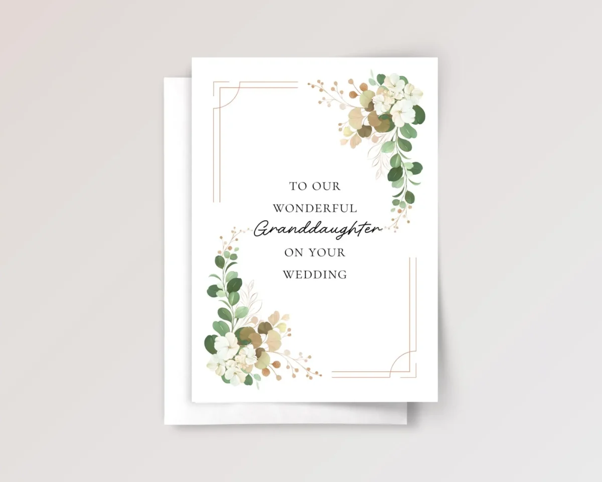 Floral Wedding Card for Granddaughter with Gold & White Flowers