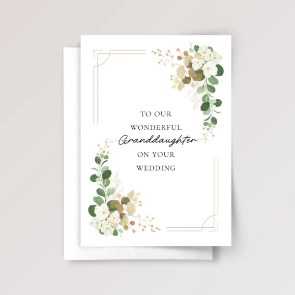 Floral Wedding Card for Granddaughter with Gold & White Flowers
