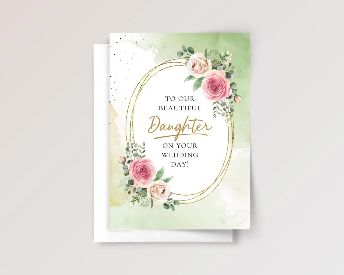 Mint Floral Wedding Card for Daughter with Blush Roses - Image 1 Mint Floral Wedding Card for Daughter with Blush Roses