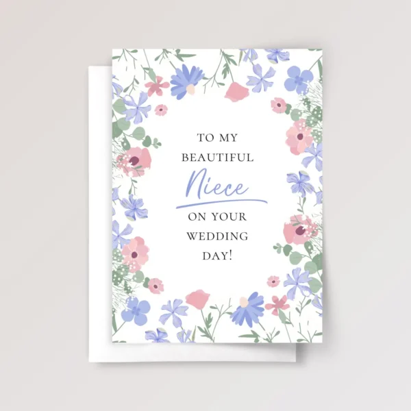 Personalized Wedding Card for Niece with Blue & Pink Flowers