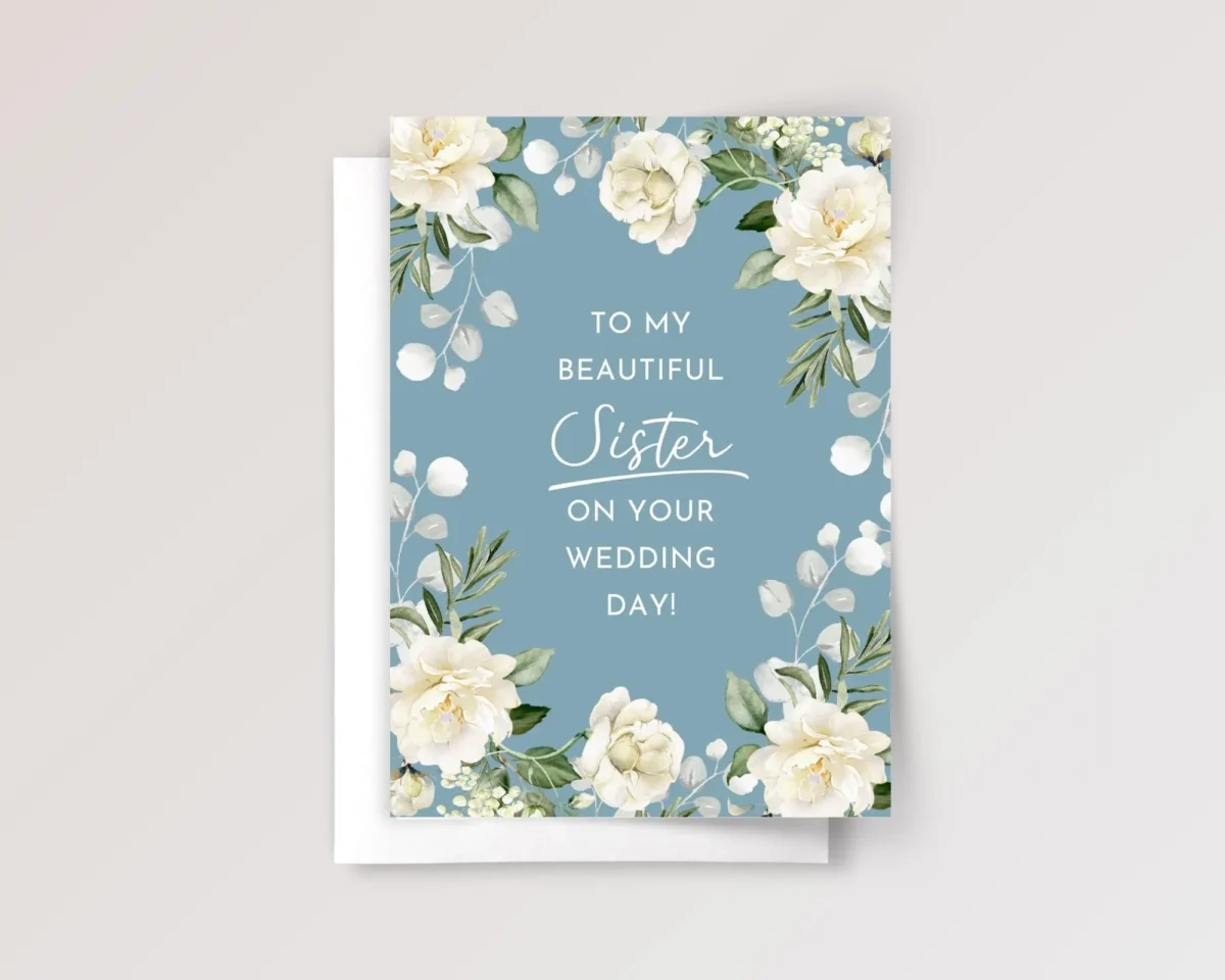 Teal Wedding Card for Sister with Cream Roses - Image 1 Teal Wedding Card for Sister with Cream Roses