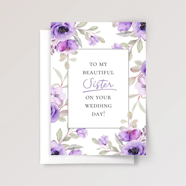 Floral Wedding Card for Sister with Purple Roses