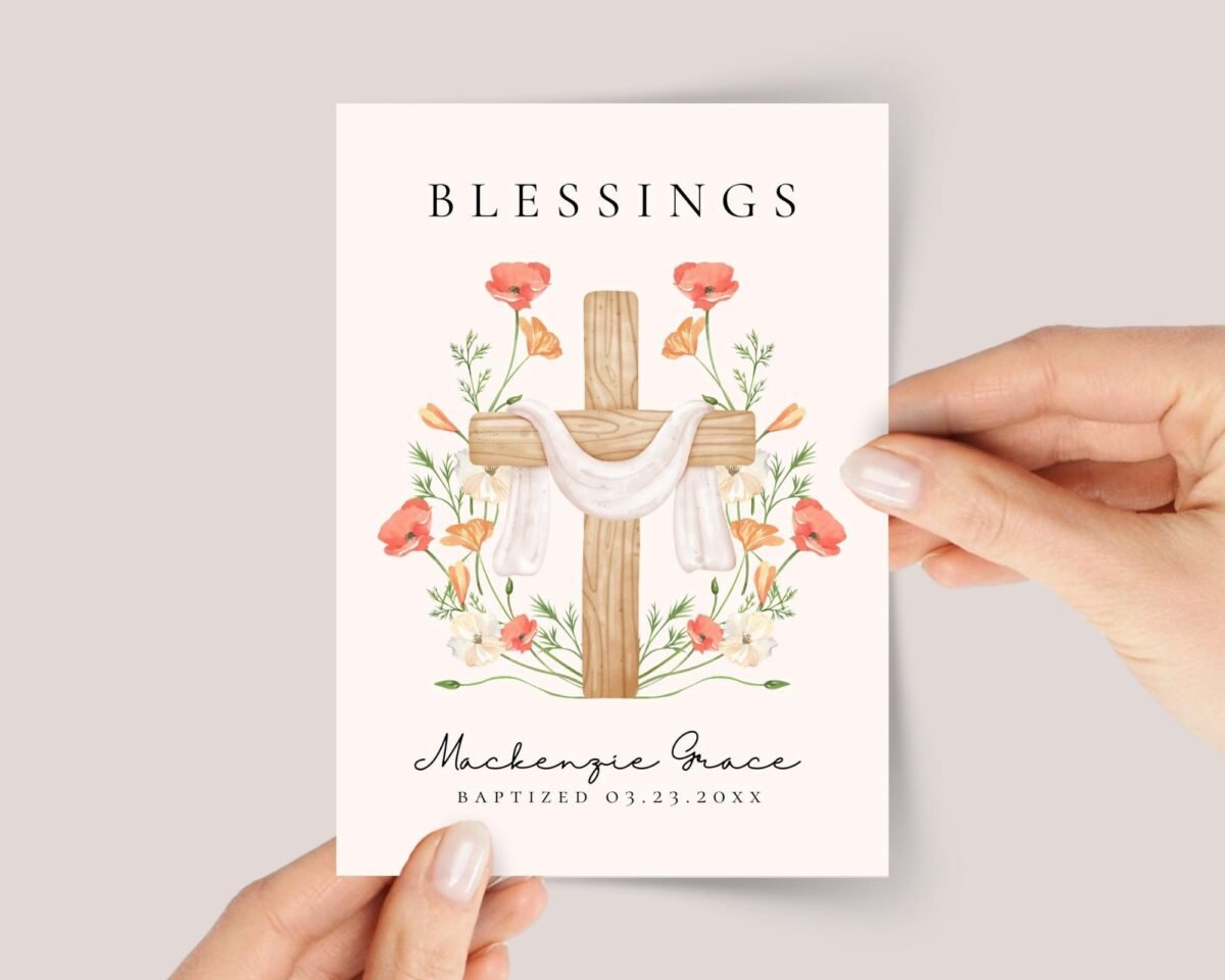 Personalized Baptism Card for Daughter/Granddaughter with Cross and Orange Flowers