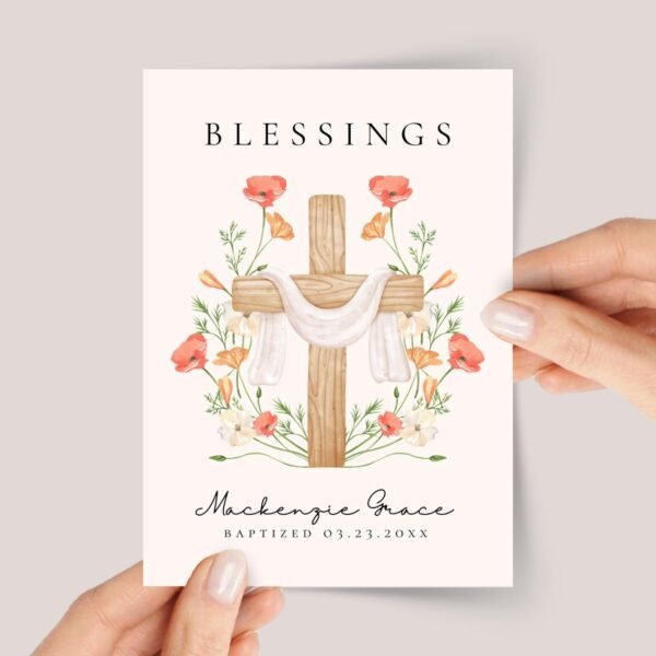 Personalized Baptism Card for Daughter/Granddaughter with Cross and Orange Flowers Personalized Baptism Card for Daughter/Granddaughter with Cross and Orange Flowers