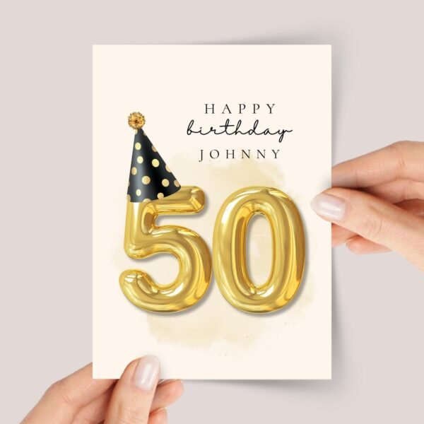 Personalized 50th Birthday Card for Husband/Wife with Gold Number Balloons