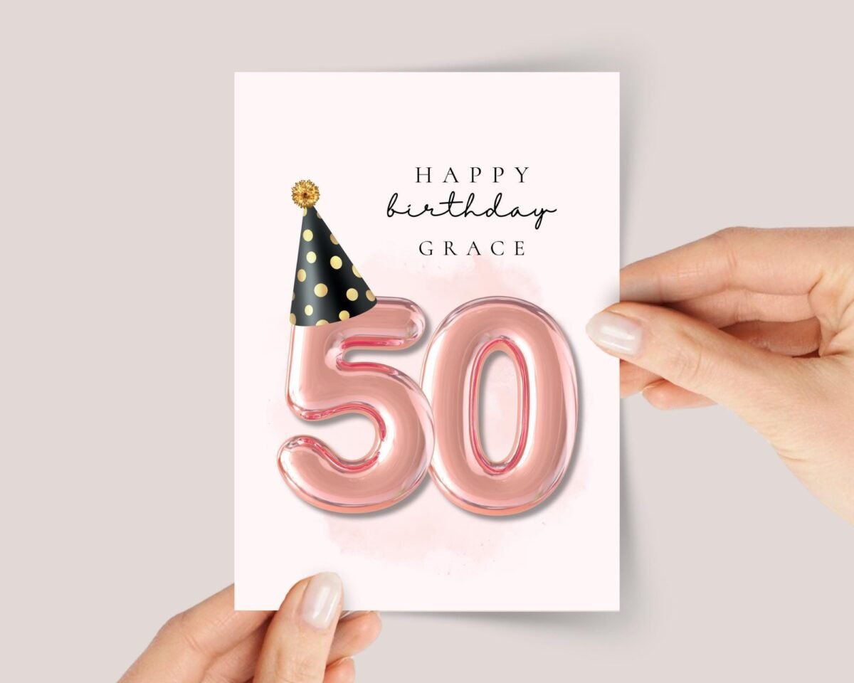 Personalized 50th Birthday Card for Husband/Wife with Gold Number Balloons