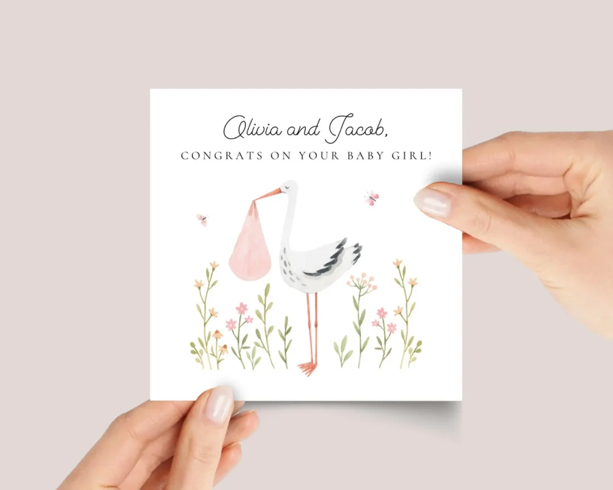 Personalized Baby Shower Card for New Mom & Dad, Baby Girl, Pink Stork