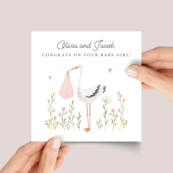 Personalized Baby Shower Card for New Mom & Dad, Baby Girl, Pink Stork - Image 1 Personalized Baby Shower Card for New Mom & Dad, Baby Girl, Pink Stork