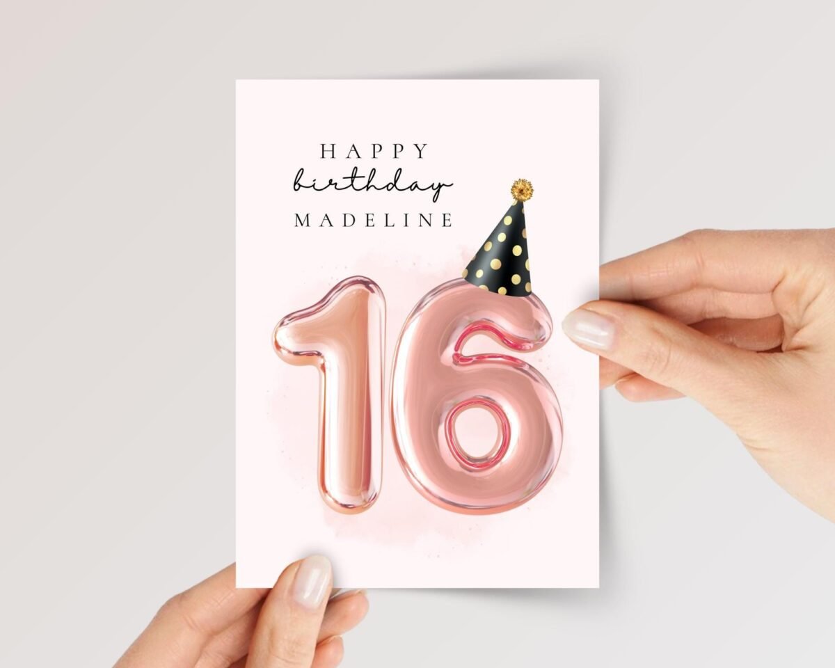 Personalized 16th Birthday Card For Teen with Pink and Gold Number Balloons