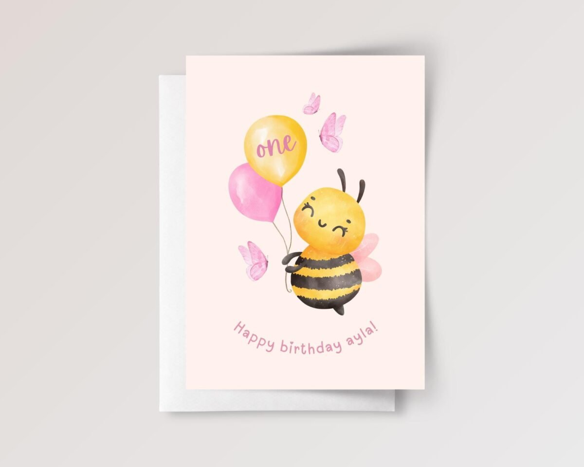 Personalized First Birthday Card for Toddler Turning One | Baby Bee