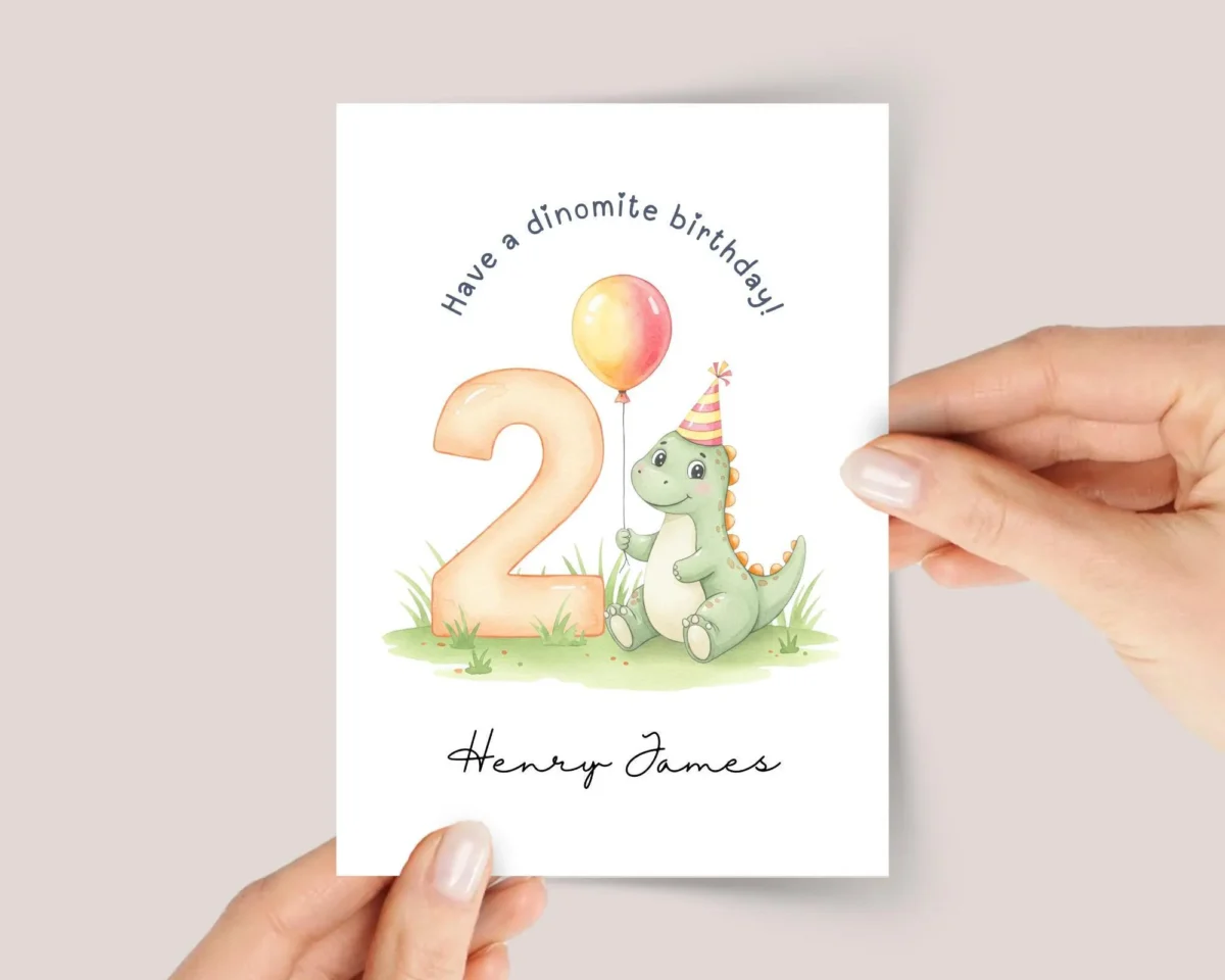 Personalized 2nd Birthday Card with Dinosaur for Kids Turning Two