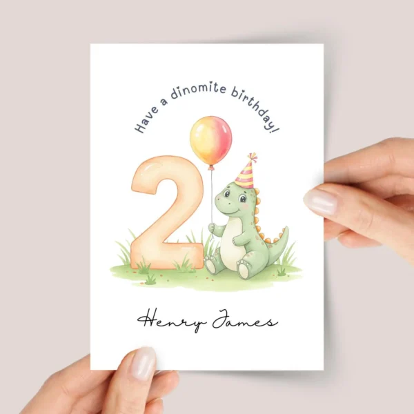 Personalized 2nd Birthday Card with Dinosaur for Kids Turning Two