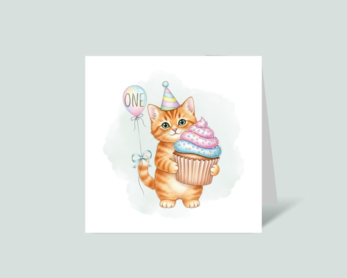 First Birthday Card With Orange Tabby Cat Holding Cupcake - Image 2 First Birthday Card With Orange Tabby Cat Holding Cupcake