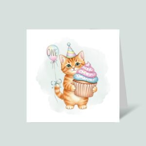 First Birthday Card With Orange Tabby Cat Holding Cupcake - Image 2 First Birthday Card With Orange Tabby Cat Holding Cupcake