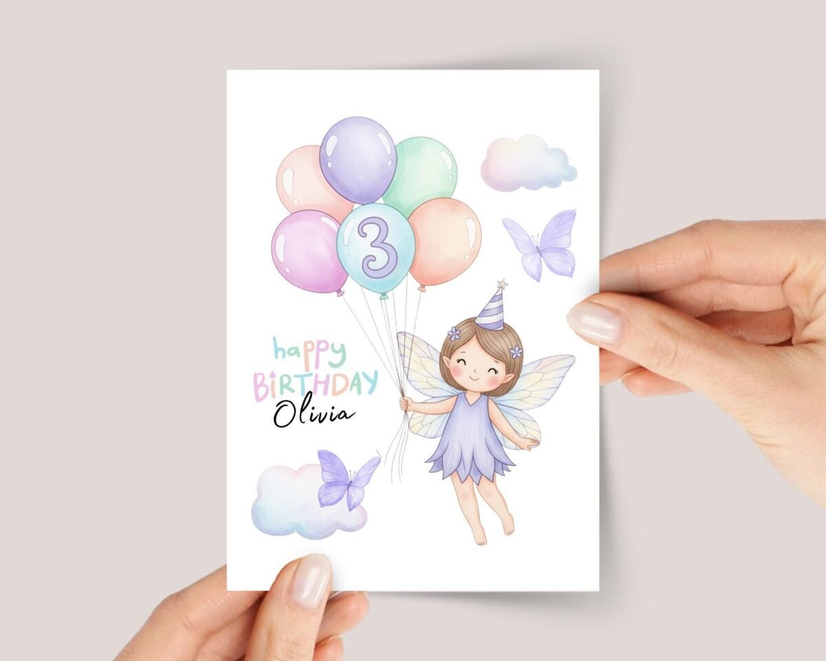 Fairy 3rd Birthday Card with Purple Butterflies for Kids | Age 1, 2, or 3
