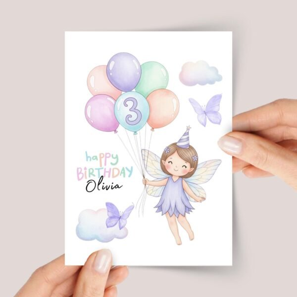 Fairy 3rd Birthday Card with Purple Butterflies for Kids | Age 1, 2, or 3
