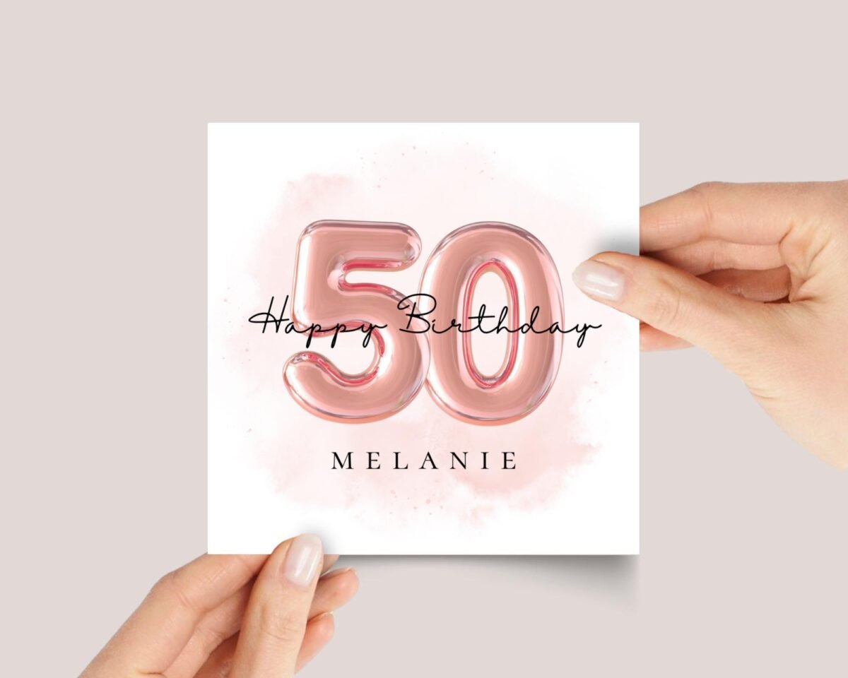 50th Birthday Card with Rose Gold Balloons