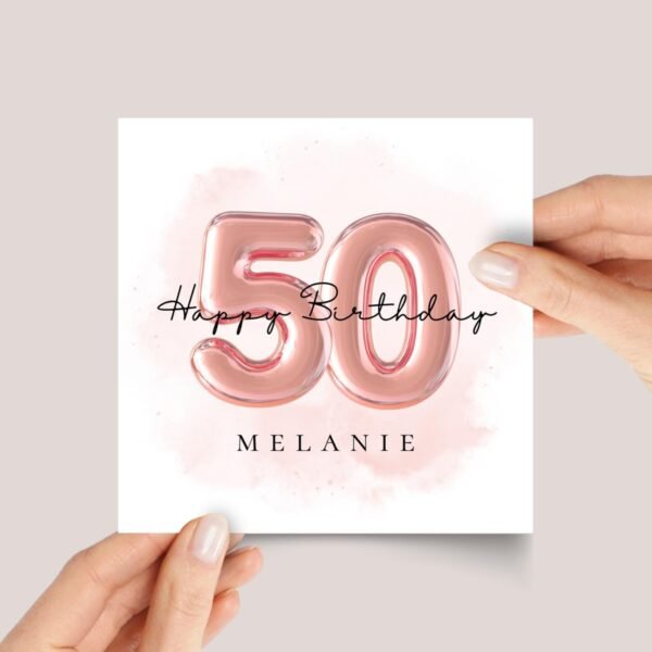 50th Birthday Card with Rose Gold Balloons - Image 1 50th Birthday Card with Rose Gold Balloons
