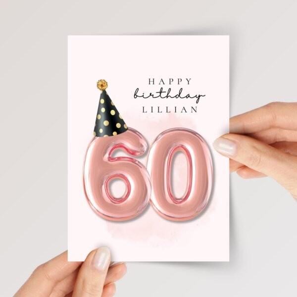 60th Birthday Card with Pink Balloons for Wife/Husband or Son/Daughter