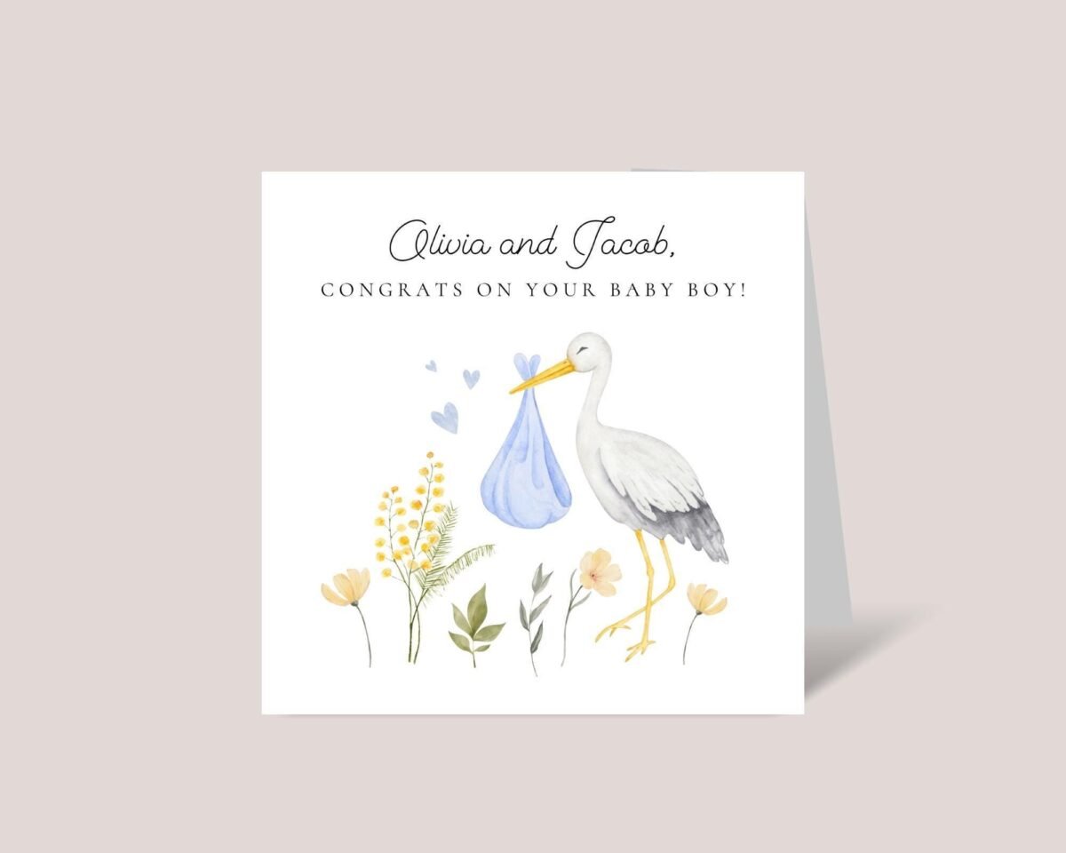 Personalized Baby Shower Card for New Parents of Baby Boy, Stork
