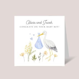Personalized Baby Shower Card for New Parents of Baby Boy, Stork