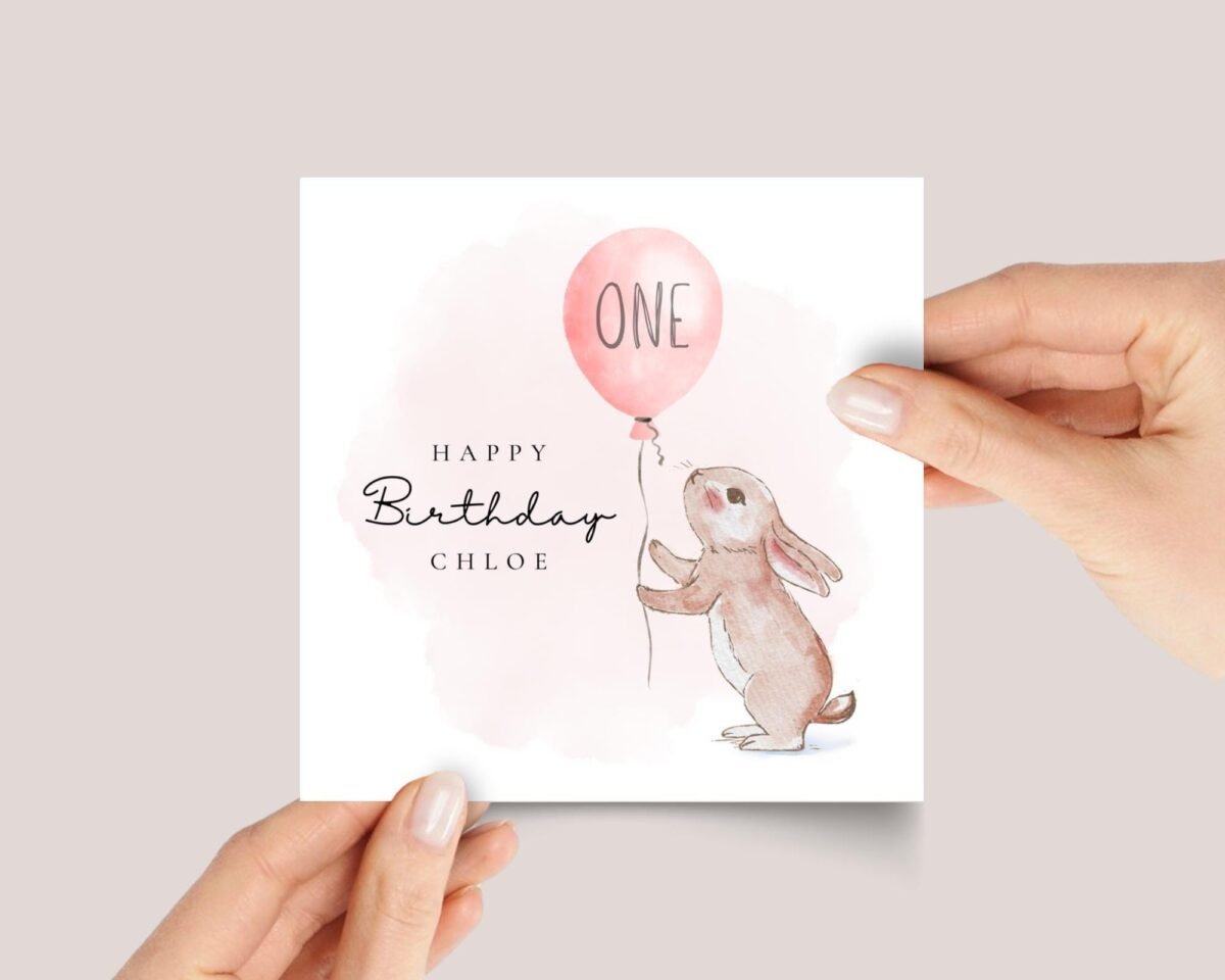 First Birthday Card for Baby Turning One: Bunny and Pink Balloon