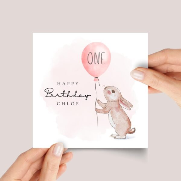 First Birthday Card for Baby Turning One: Bunny and Pink Balloon