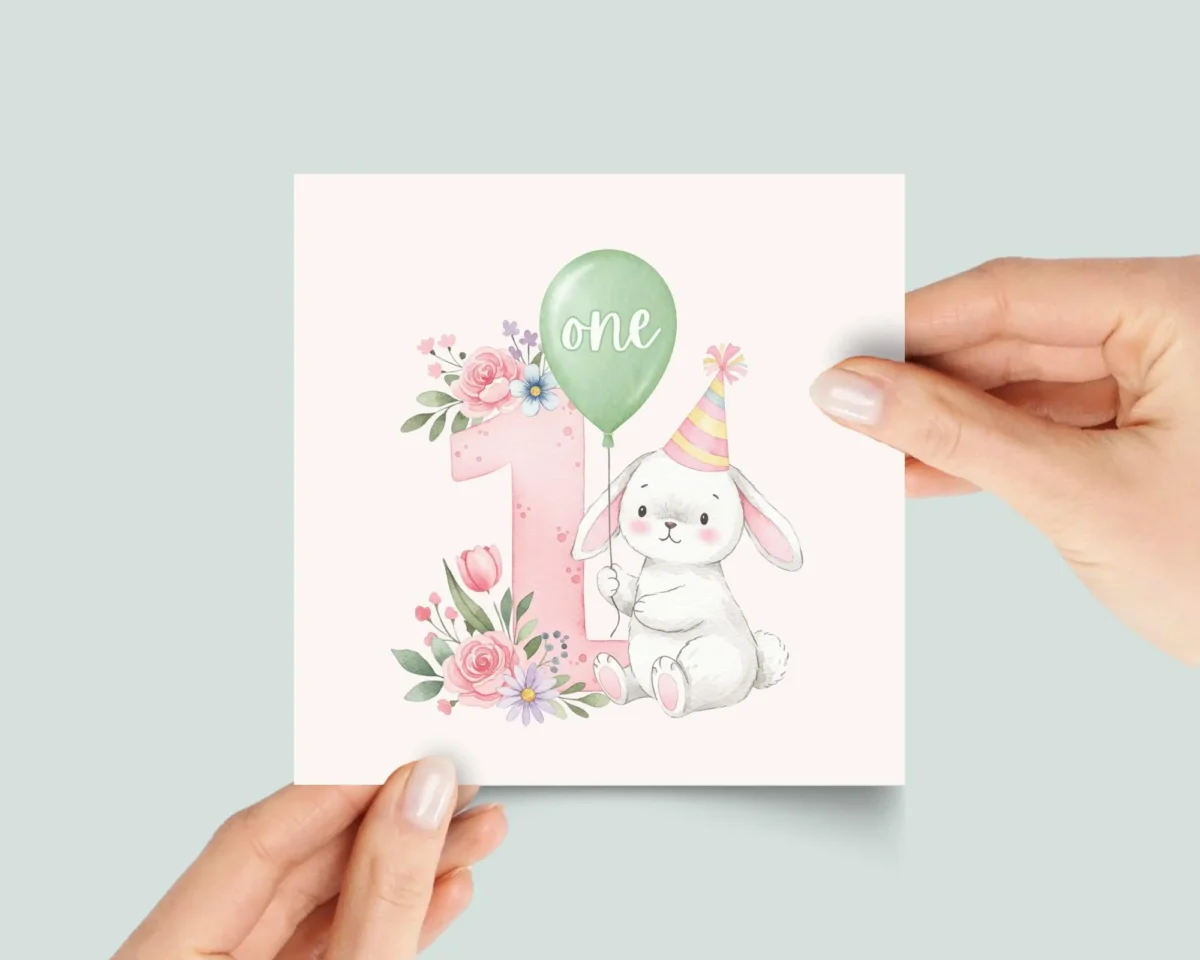 First Birthday Card With Baby Bunny and Number One - Image 1 First Birthday Card With Baby Bunny and Number One