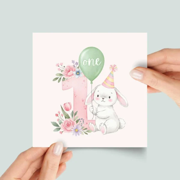 First Birthday Card With Baby Bunny and Number One