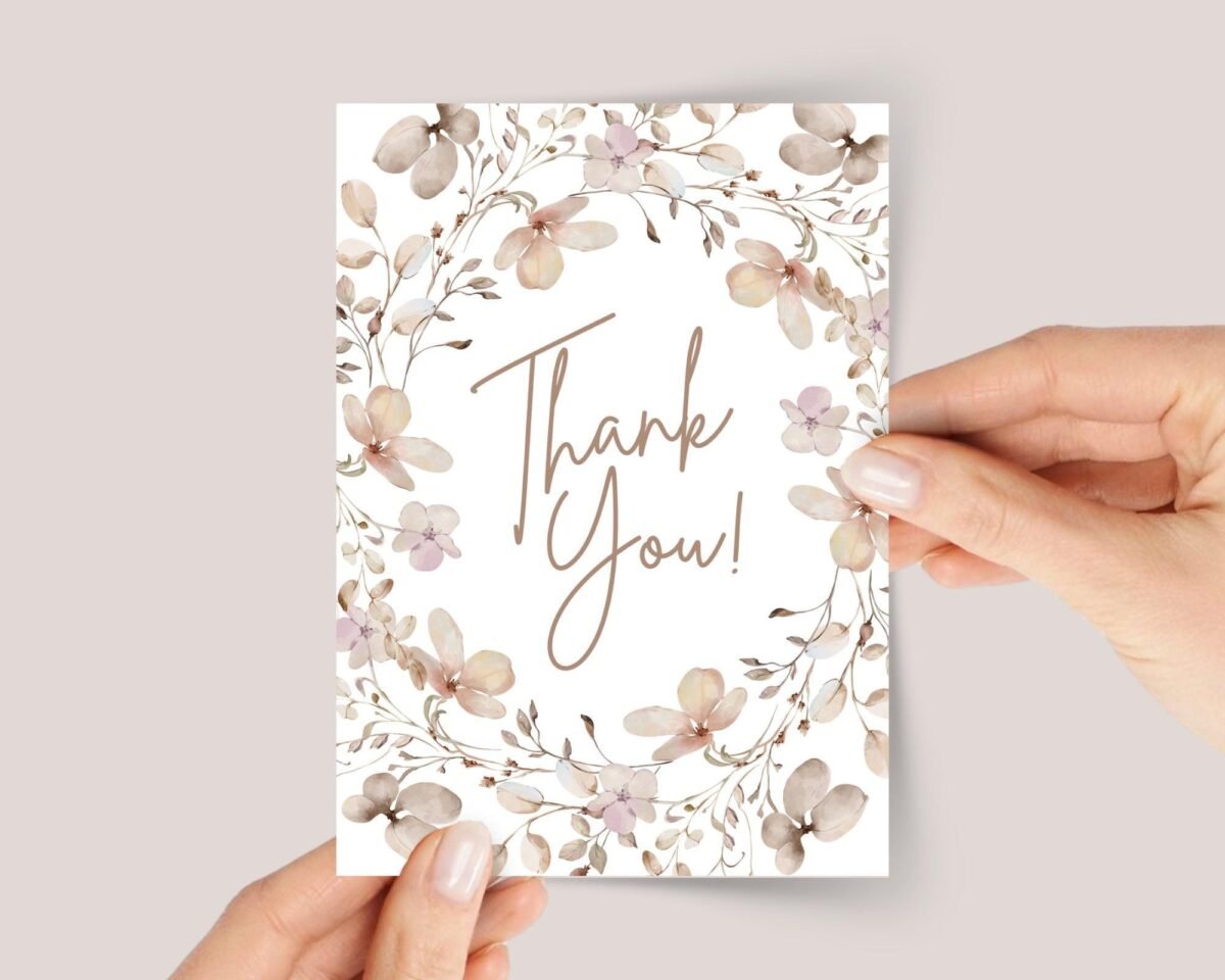 Thank You Card With Dried Flowers for Fall Weddings - Single or Pack