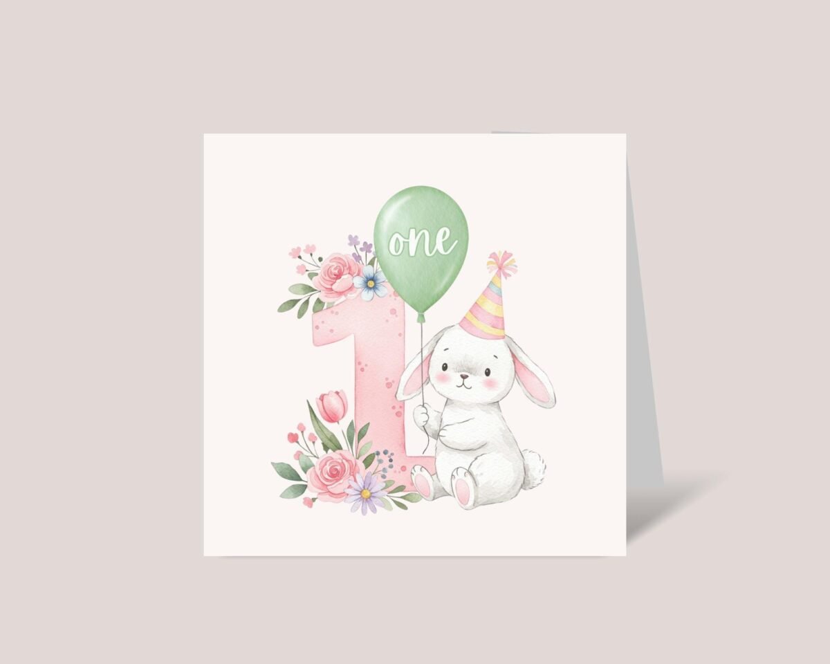 First Birthday Card With Baby Bunny and Number One