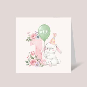 First Birthday Card With Baby Bunny and Number One