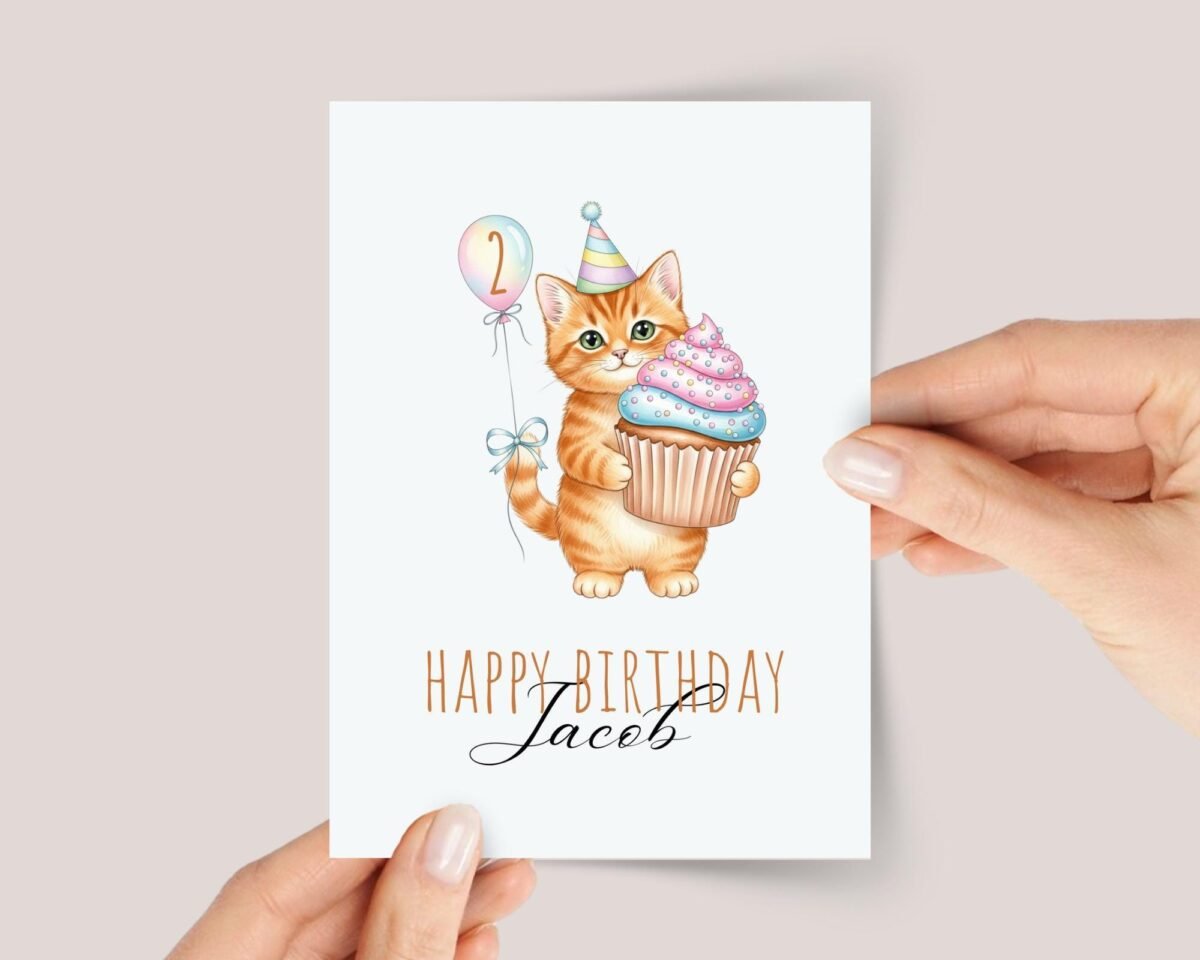 Personalized 2nd Birthday Card for Kids Turning Two with Cat Holding Cupcake - Image 1 Personalized 2nd Birthday Card for Kids Turning Two with Cat Holding Cupcake