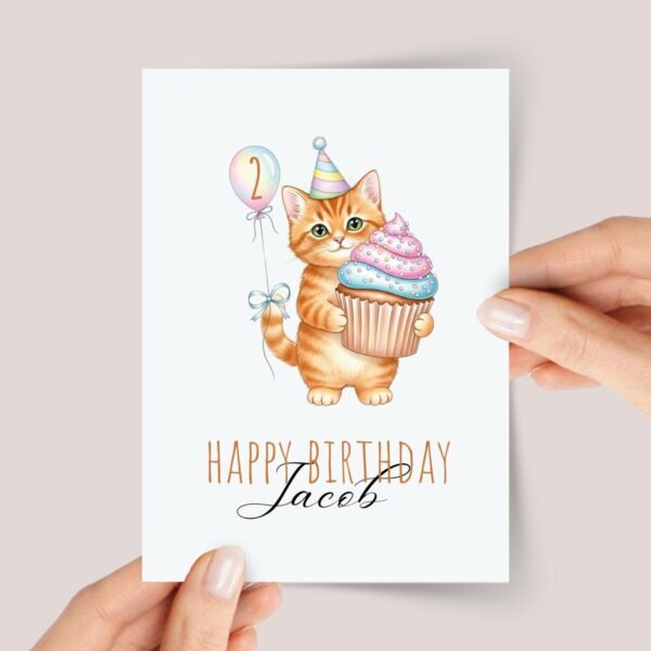 Personalized 2nd Birthday Card for Kids Turning Two with Cat Holding Cupcake