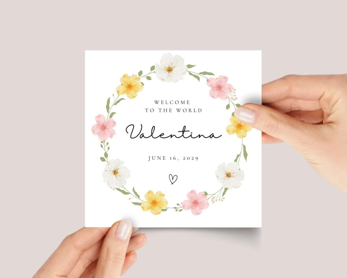 Personalized Baby Shower Card for Newborn Girl With Flower Wreath