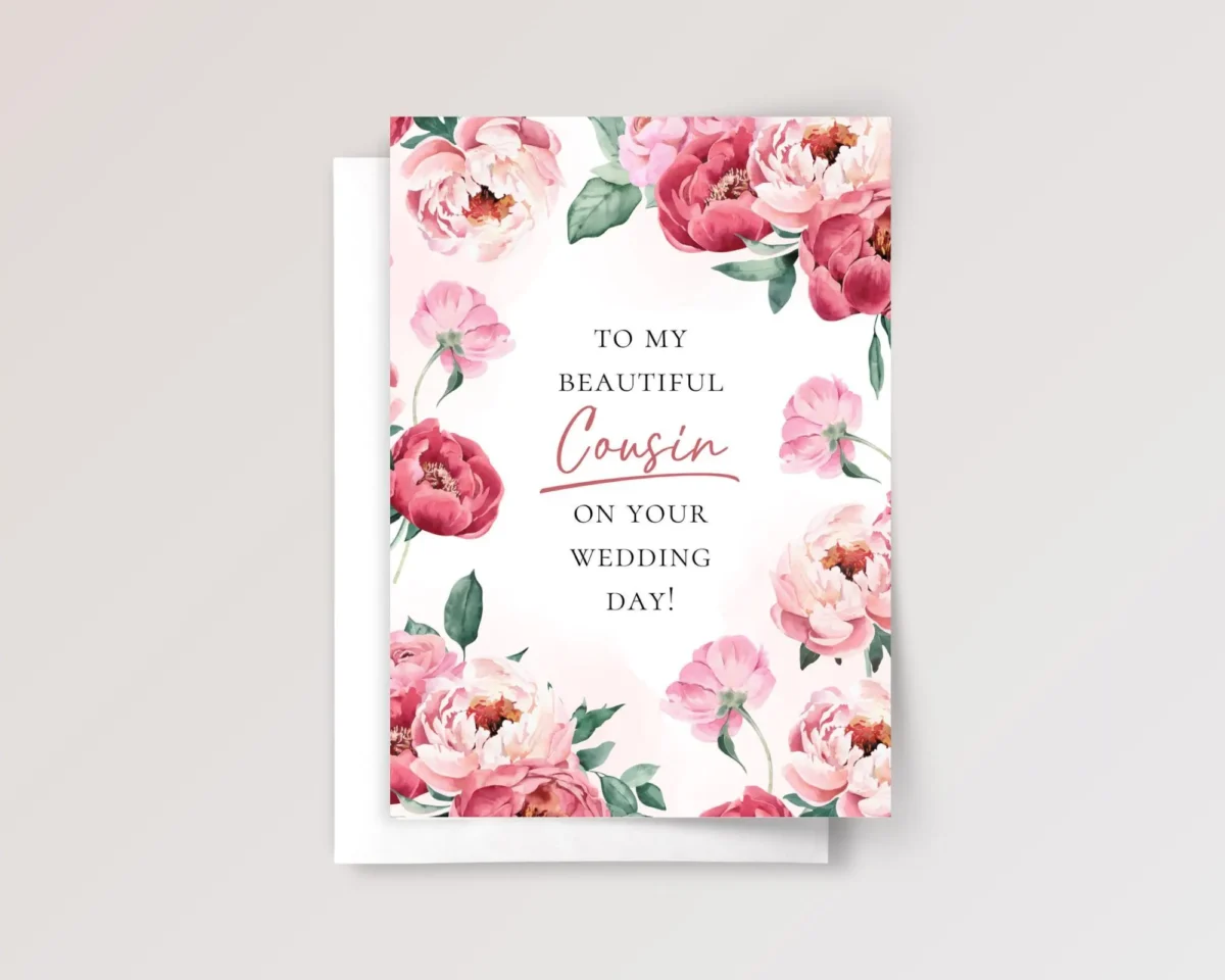 Floral Wedding Card for Cousin with Pink Peonies