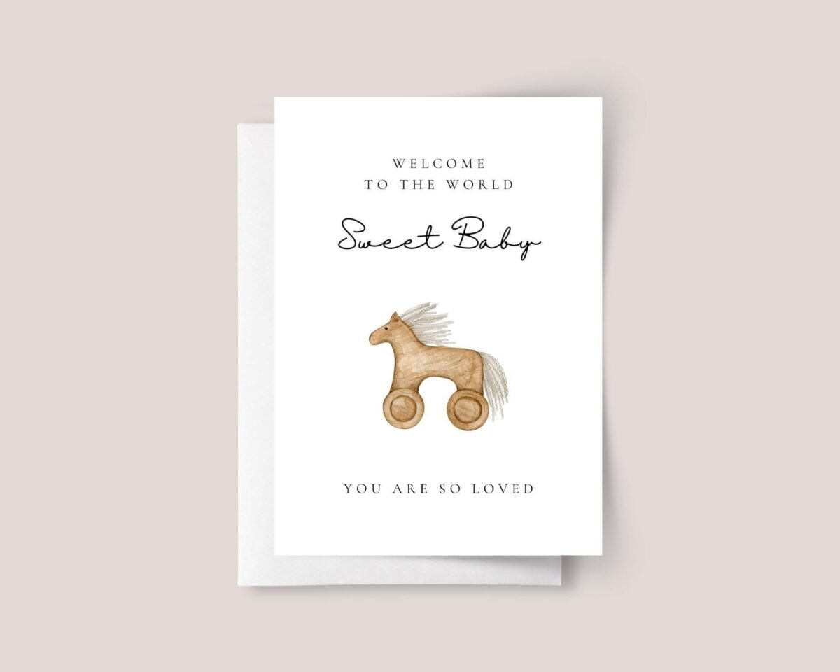 Personalized Baby Shower Card with Vintage Rocking Horse
