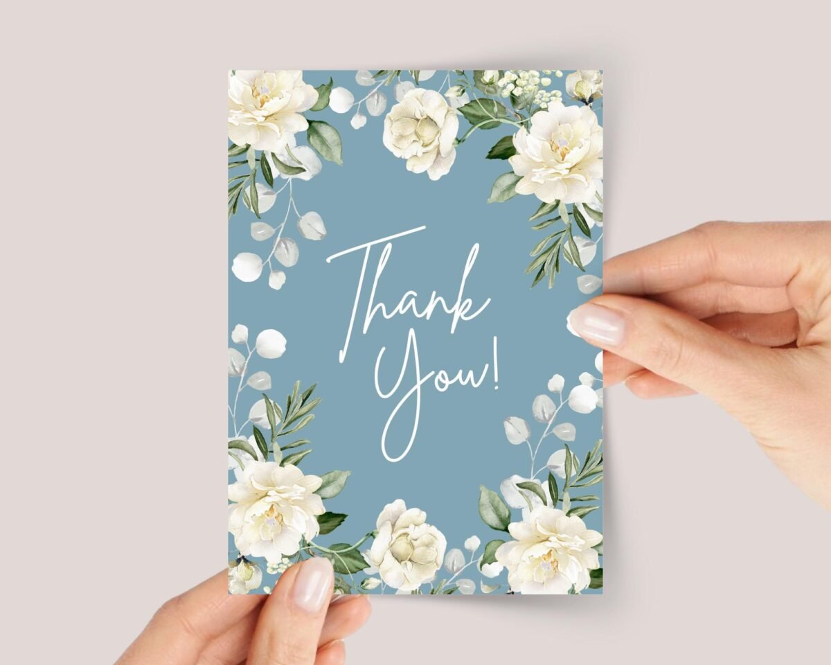 Teal Thank You Card with White Roses (Single or Pack) - Image 1 Teal Thank You Card with White Roses (Single or Pack)
