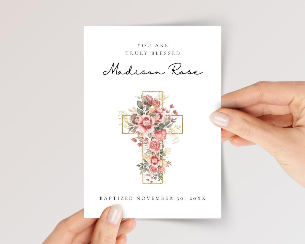 Personalized Baptism Card for Daughter/Granddaughter with Cross and Flowers - Image 1 Personalized Baptism Card for Daughter/Granddaughter with Cross and Flowers