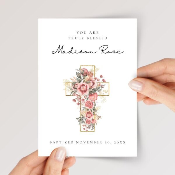 Personalized Baptism Card for Daughter/Granddaughter with Cross and Flowers
