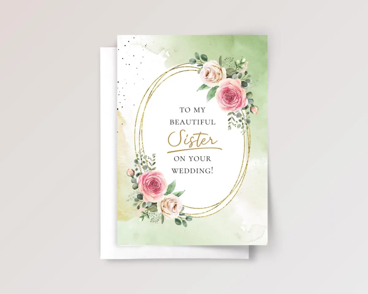 Mint Wedding Card for Sister with Pink Roses - Image 1 Mint Wedding Card for Sister with Pink Roses