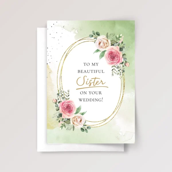 Mint Wedding Card for Sister with Pink Roses