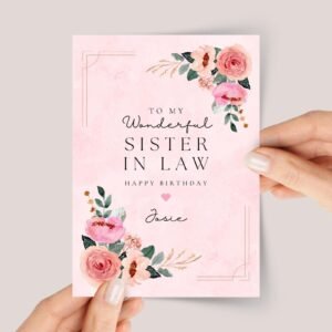 Personalized Birthday Card for Sister in Law With Pink Flowers - Image 1 Personalized Birthday Card for Sister in Law With Pink Flowers