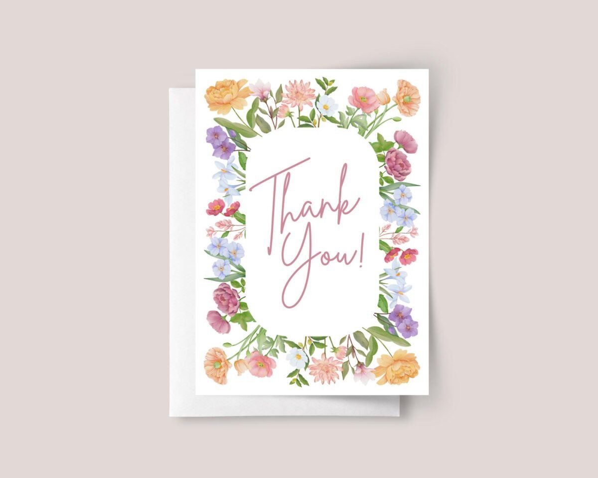 Thank You Card with Floral Frame, 5 x 7 Greeting Card and Envelope