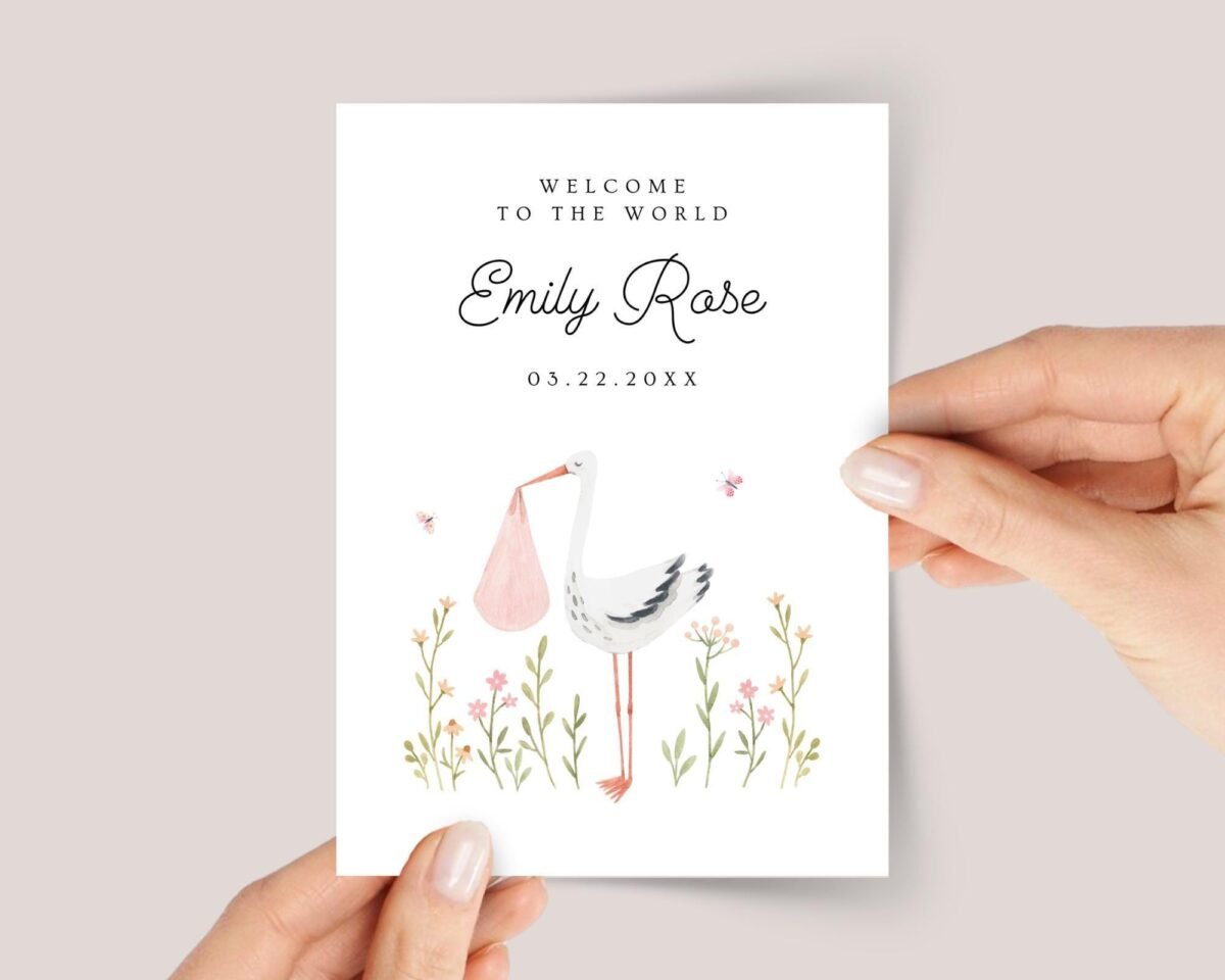 Baby Shower Card for Girl With Stork with Pink Bundle