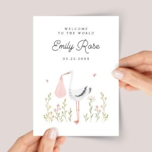 Baby Shower Card for Girl With Stork with Pink Bundle