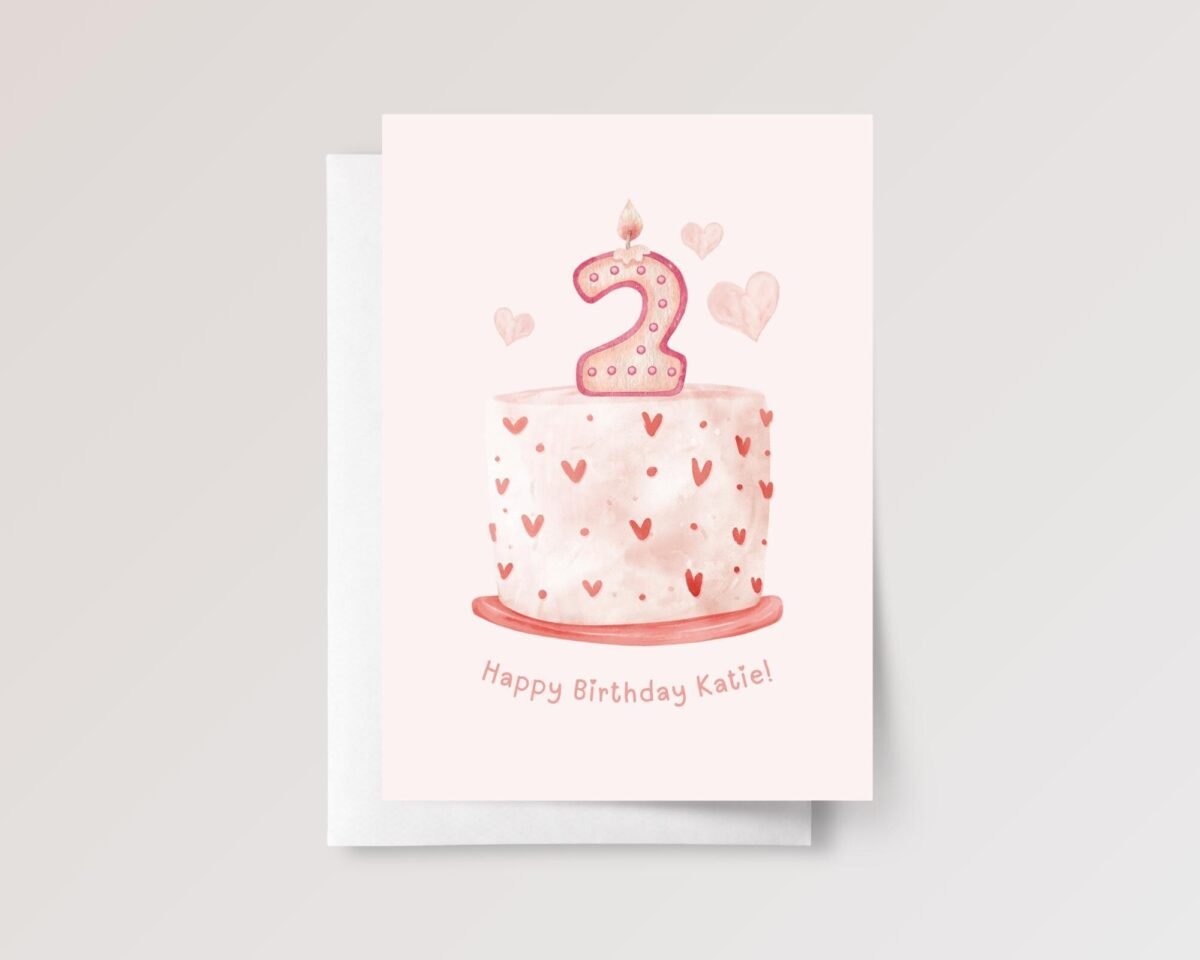 Personalized 2nd Birthday Card for Girl Turning Two with Cake and Candle