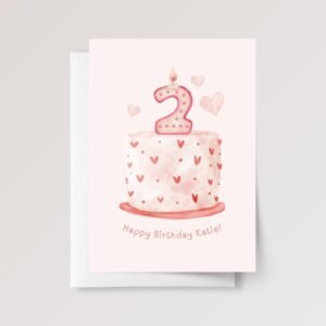 Personalized 2nd Birthday Card for Girl Turning Two with Cake and Candle